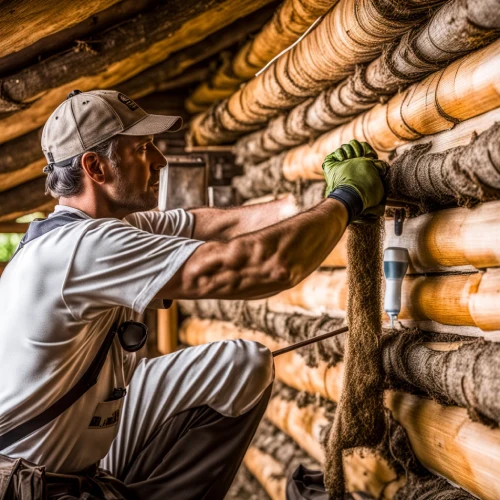 caulking the walls of a log house with jute